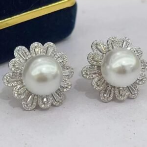 Flower Shaped South Sea Round White Pearl Stud Earring