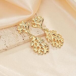 Leaf Drop Sylph Deer Antlers Dangle Earring Gold For Women/Girls 14K Gold Plated