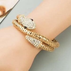 Chunky Curved Gold -Toned Wraparound Snake Bracelet | Anti Tarnish | Rhinestone Studded | Adjustable Bracelet