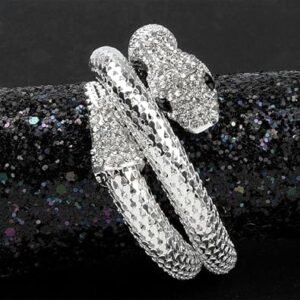 Chunky Curved Silver -Toned Wraparound Snake Bracelet | Anti Tarnish | Rhinestone Studded | Adjustable Bracelet